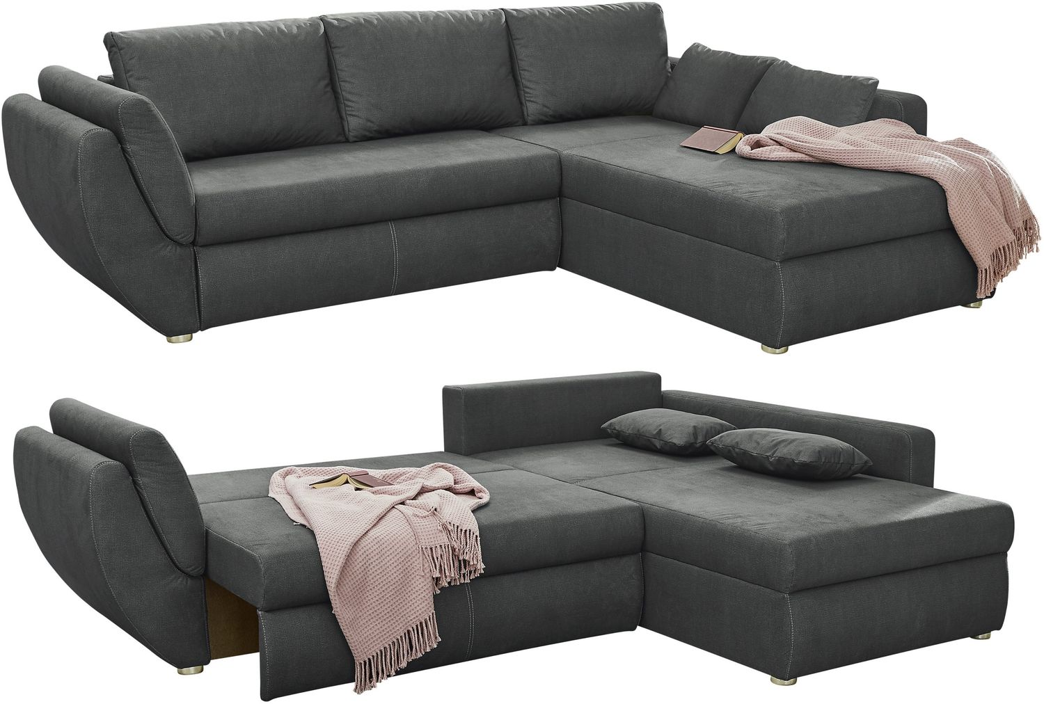 Ecksofa Schlaffunktion Couch mit Rutschenlehne Bettkasten Mikrofaser Dunkelgrau Bild 1