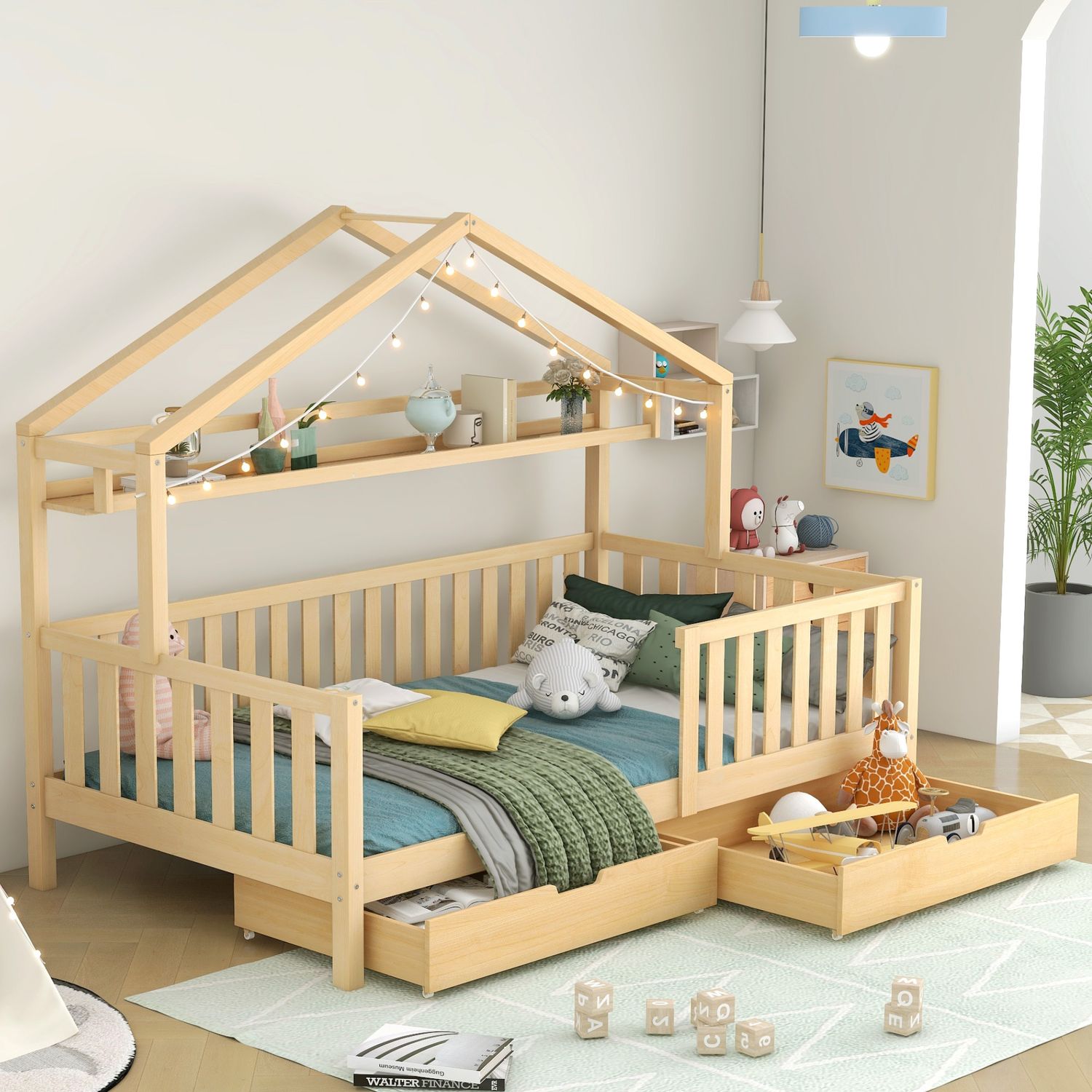 Kinderbett in Holzfarbe,Kinderbett Hausbett mit Schubladen,Massivholz mit Lattenrost, Kiefernholz Hausbett , Kinder und Jugendzimmer,90x200,Natur Bild 1