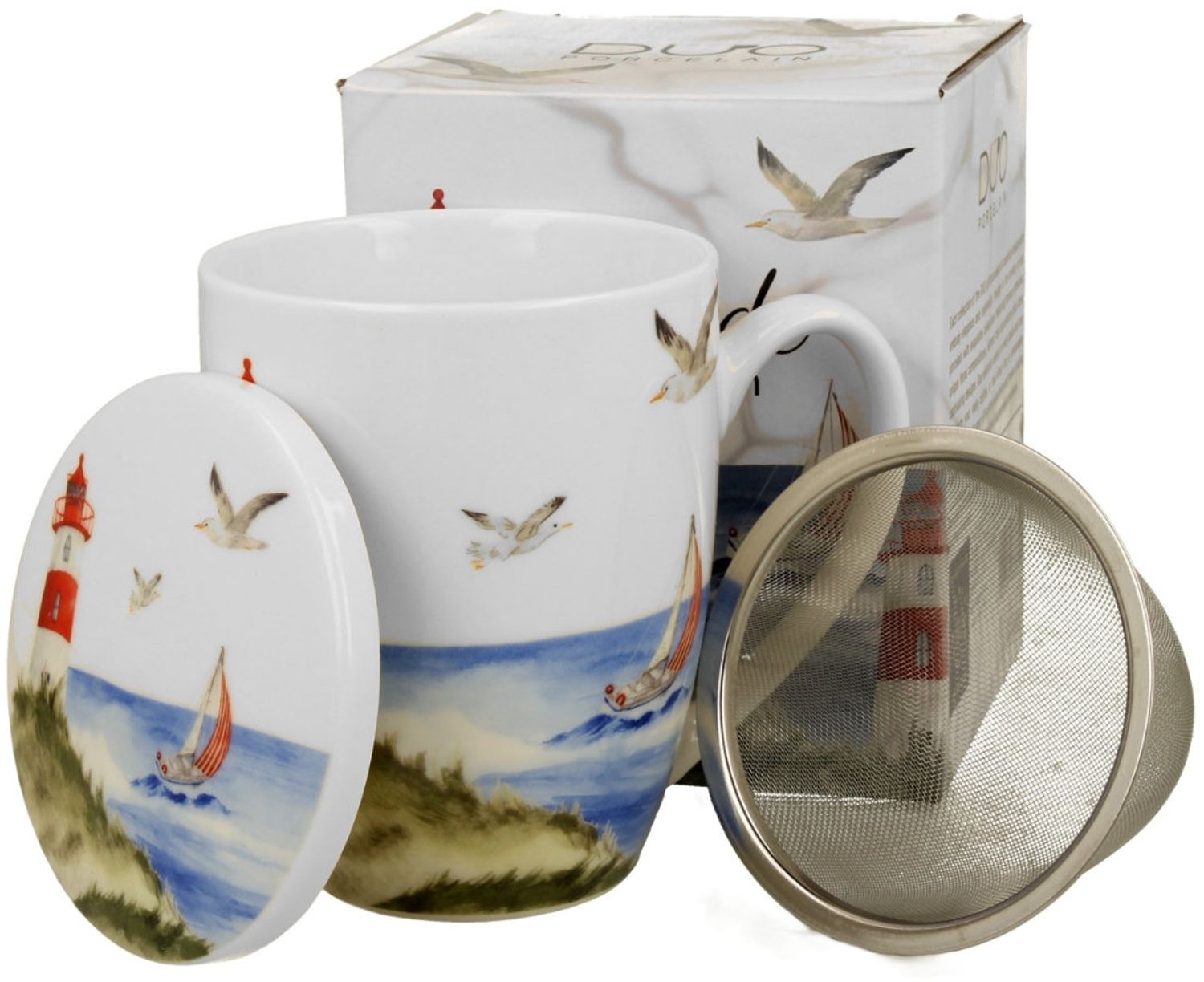 DUO Seaside Becher 360 ml LIGHTHOUSE (Leuchtturm) mit Teesieb, New Bone China Porzellan Bild 1