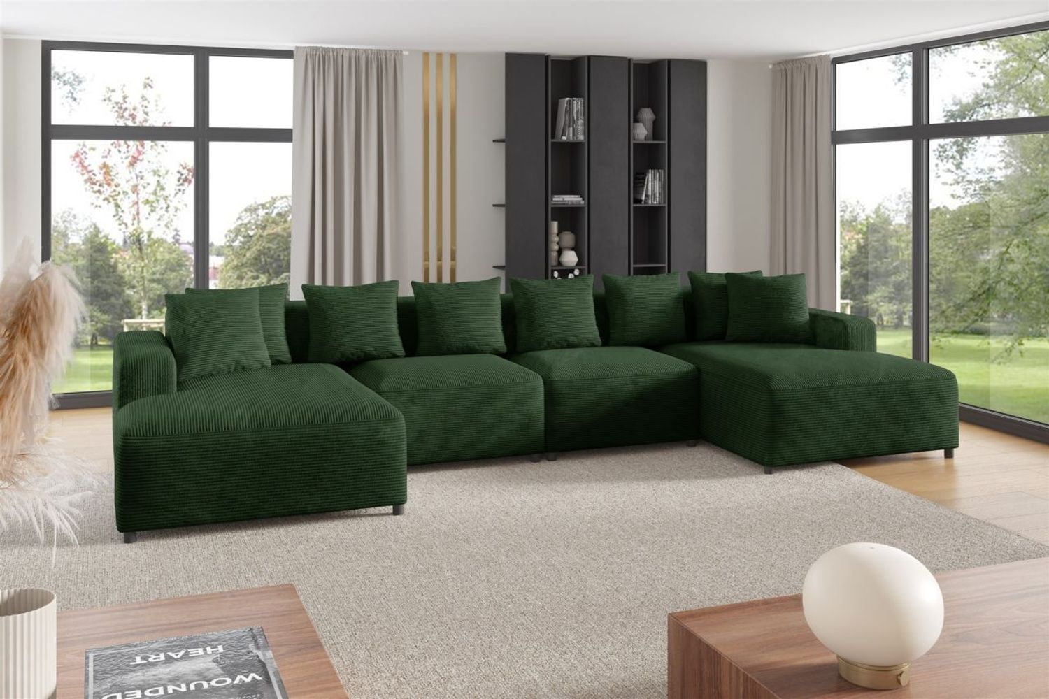 Wohnlandschaft Sofa U-Form Designersofa MEGAN in Stoff Poso Dunkelgrün Bild 1