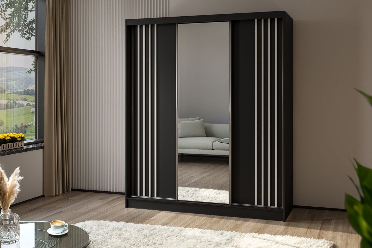 ALTDECOR Schiebetürenschrank NALLA (Kleiderschrank Garderobenschrank mit viel Stauraum, Moderner Schrank) Spiegel Spiegeltüren Lamellen Schwebetürenschrank LED Beleuchtung Bild 1
