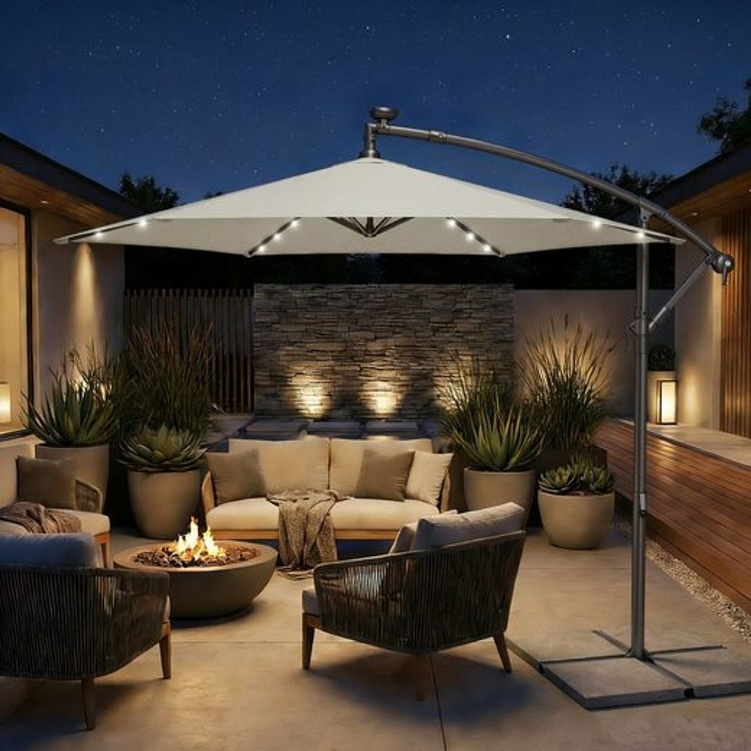 Songmics Sonnenschirm mit LED-Solar-Beleuchtung und Ständer, UPF 50+, Stahl beige, Ø 300 cm Bild 1
