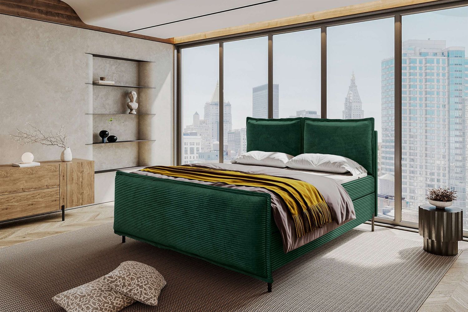 99rooms Vero Plus Boxspringbett 160x200 cm Cordstoff POSO Dunkelgrün Bild 1
