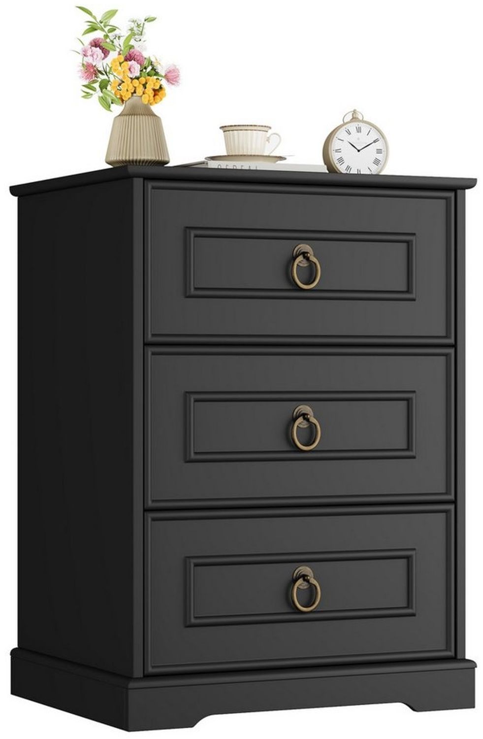 Homfa Nachttisch Nachtschrank Nachtkommode Nachtkonsole (1-St), mit 3 Schbuladen, Beistelltisch Landhausstil, 45,5x38x64cm, Schwarz Bild 1