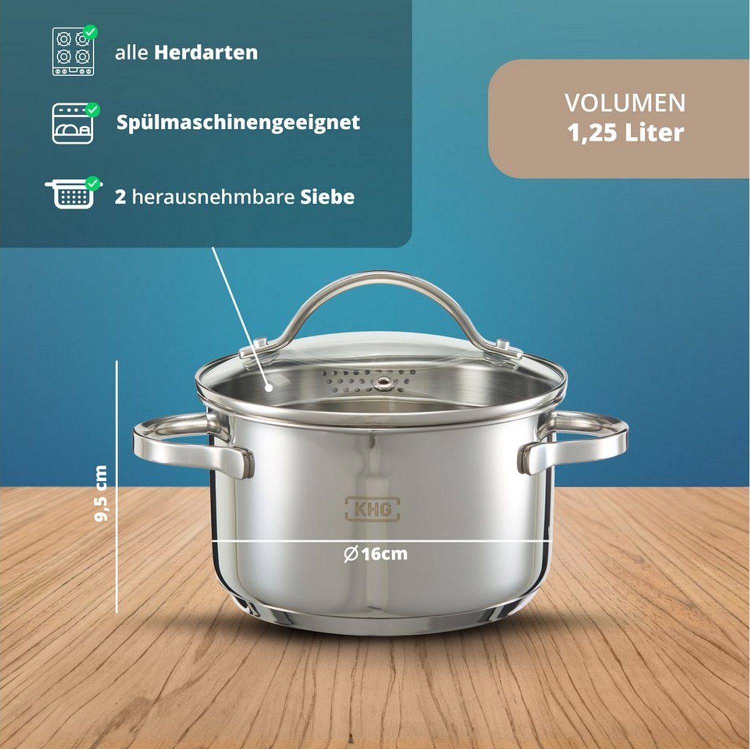 KHG Kochtopf Fleischtopf Ø 16 cm, integriertes Sieb, Ausguss, Innenskala, Edelstahl, 1,25 Liter Volumen, Glasdeckel, für alle Herdarten inklusive Induktion Bild 1