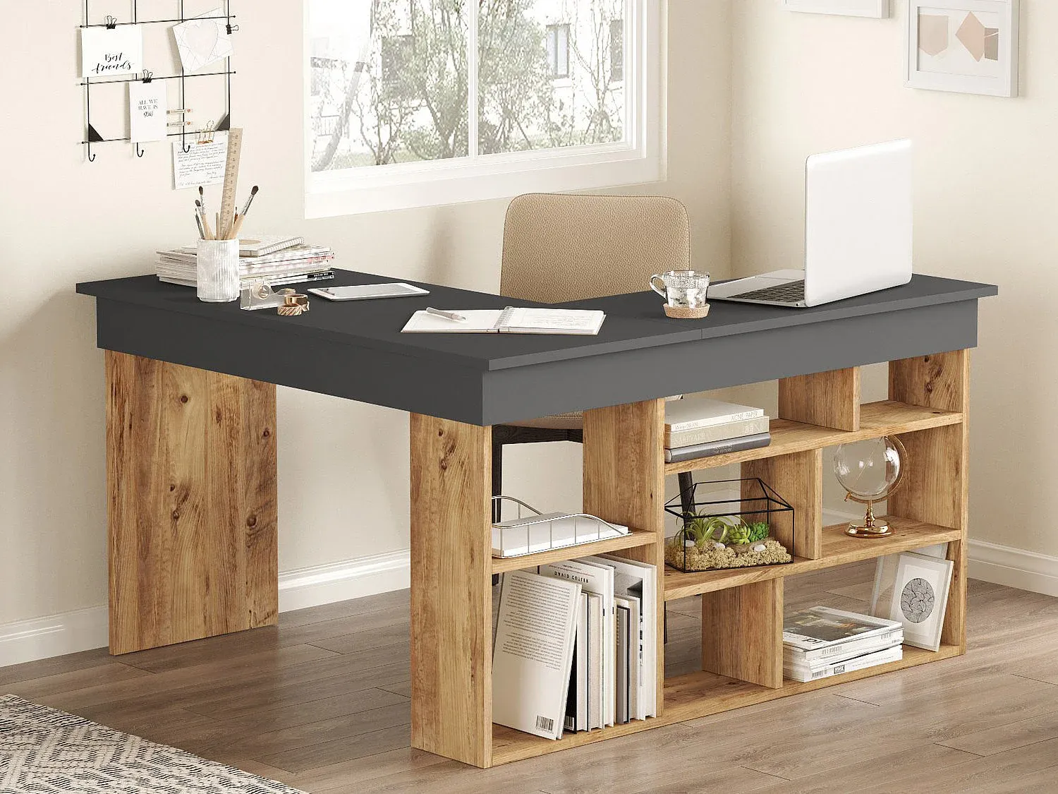 Vente-unique - LILEUL Büromöbel Holz, Platte GrauBeige - B 120 cm x H 72 cm x L 129 cm Bild 1