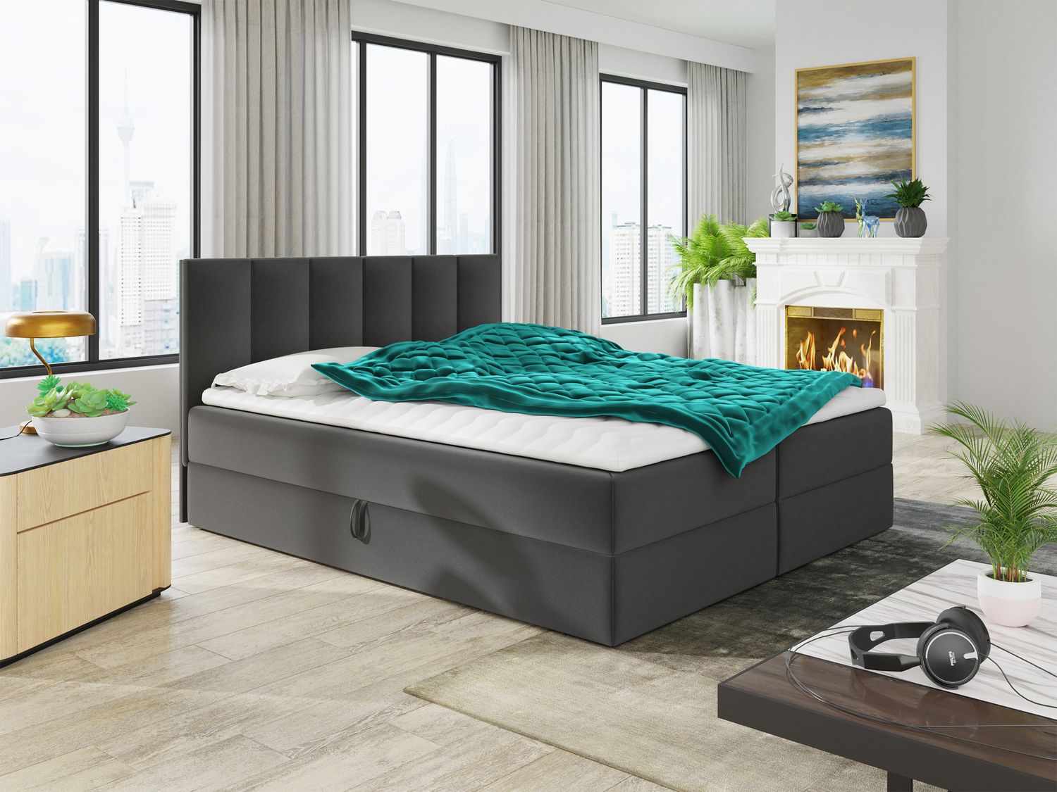 Boxspringbett Star mit Topper, Bonell-Matratze und 2 Bettkästen, Doppelbett, Polsterbett, Bett (Dunkelgrau (Kronos 22), 180 x 200 cm) Bild 1