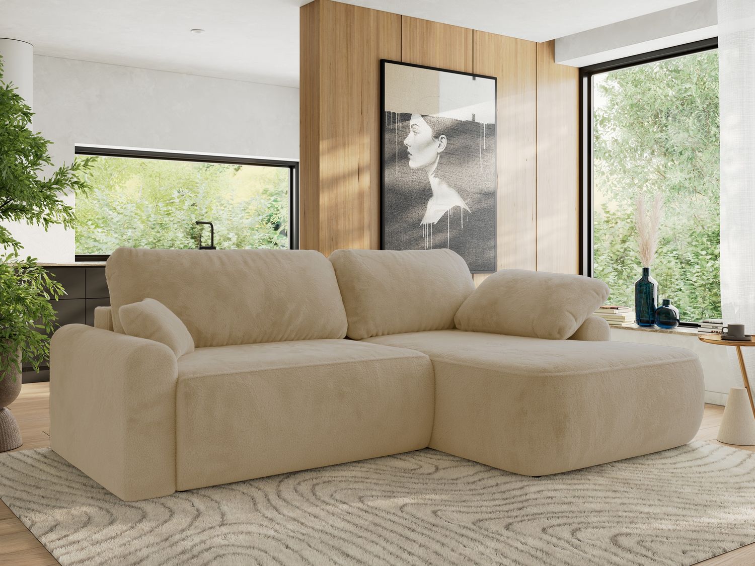 Ecksofa, L-förmiges, lose Kissen, DL-Schlaffunktion, (H 100 x T 187 x B 273 cm) - CUBO L - Plüsch Creme - rechte Seite Bild 1