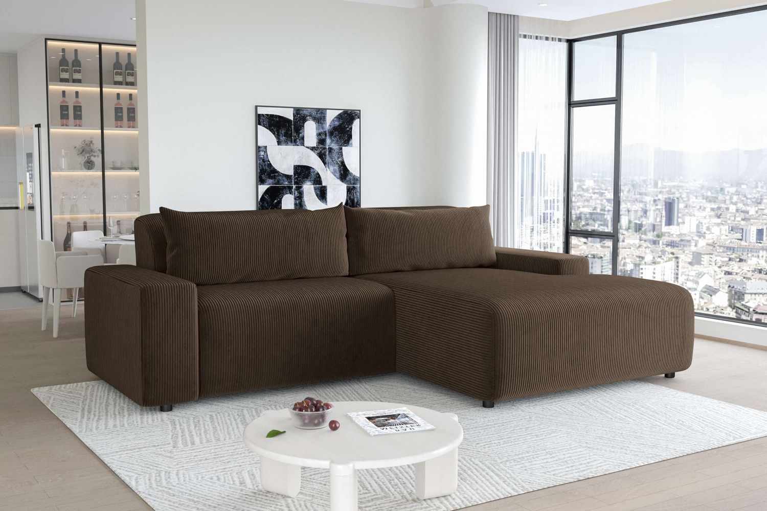 99rooms Tivoli Ecksofa Cordstoff POSO Braun Rechts mit Kissen Bild 1