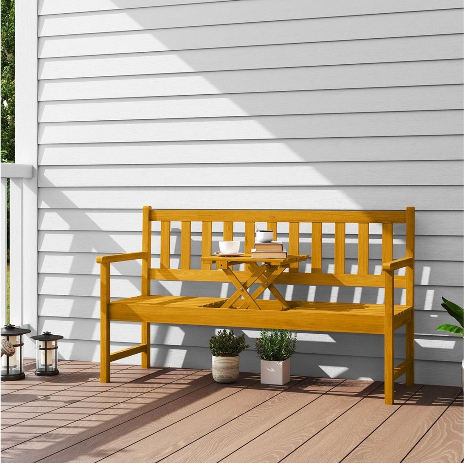 Outsunny Bank mit Rücken- & Armlehnen, Klappbarer Tisch (2-Sitzer Gartenbank aus Holz, 1-St, wetterfest Sitzbank), 160kg belastbar, für Balkon, Garten, 149x56,5x89cm, Teak Bild 1