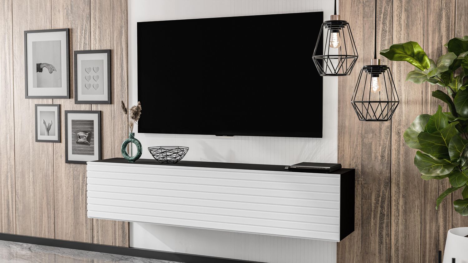 AX LIVING Lowboard Zivolli 160 Lamellenfront TV-Hängeschrank Schwarz/Weiße Lamellen Bild 1