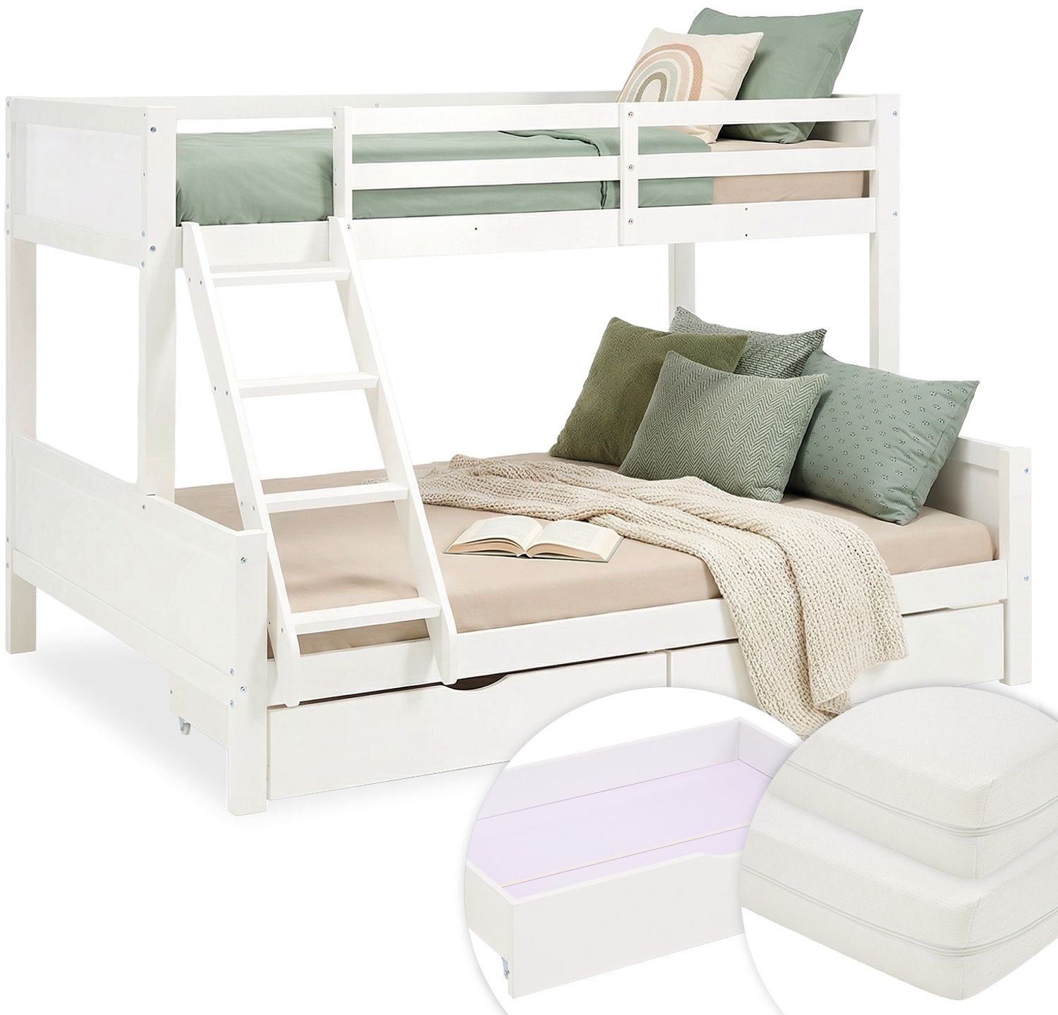 Kinderbett mit 2 Matratzen Etagenbett 90x200 und 140x200 Weiß Holz Doppelstockbett Jugendbett Hochbett Stockbett 2 Bettkästen Bild 1