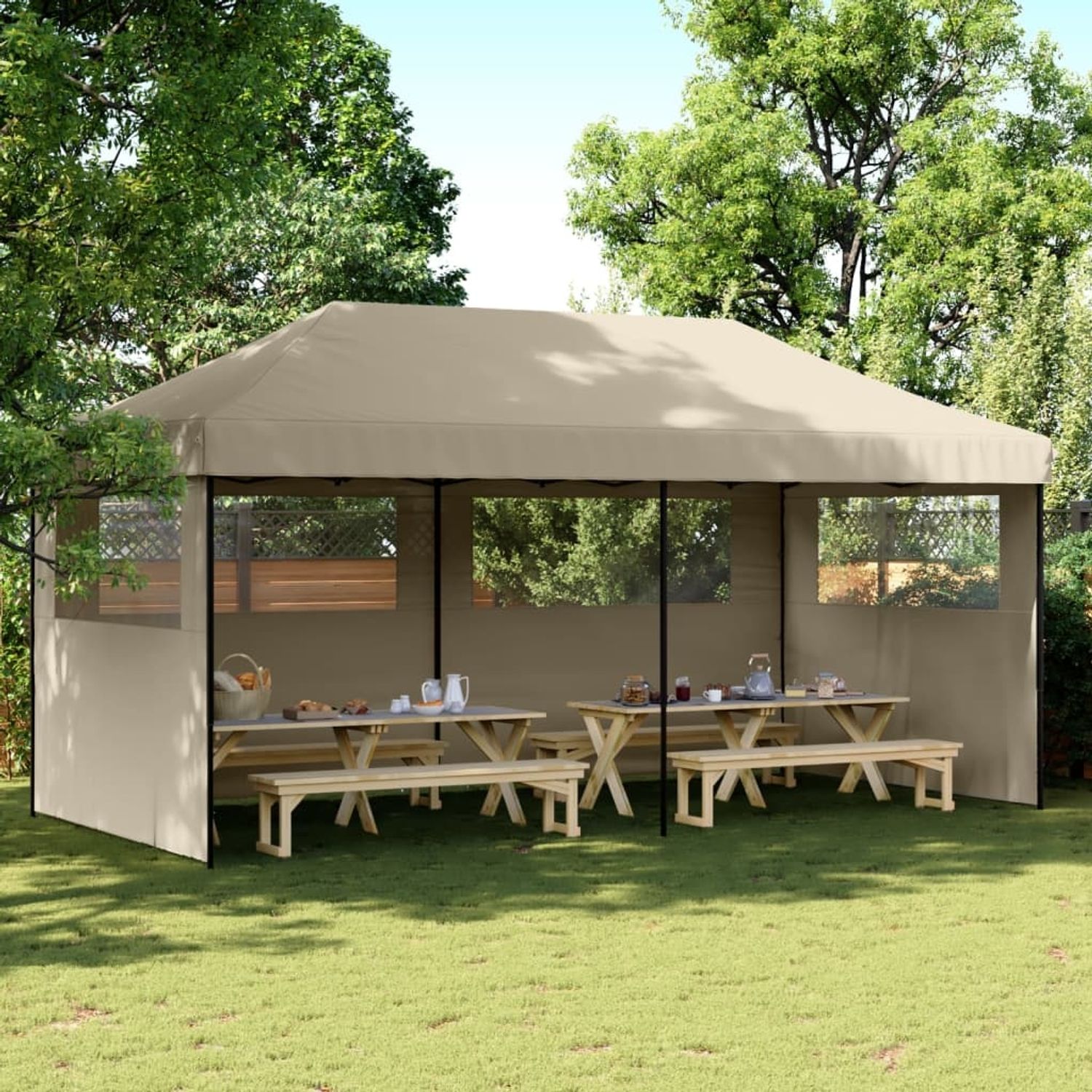 vidaXL Pop-Up Partyzelt, faltbar, mit 3 Seitenteilen, Stahl / PE, Taupe, 315 x 292 x 580 cm Bild 1