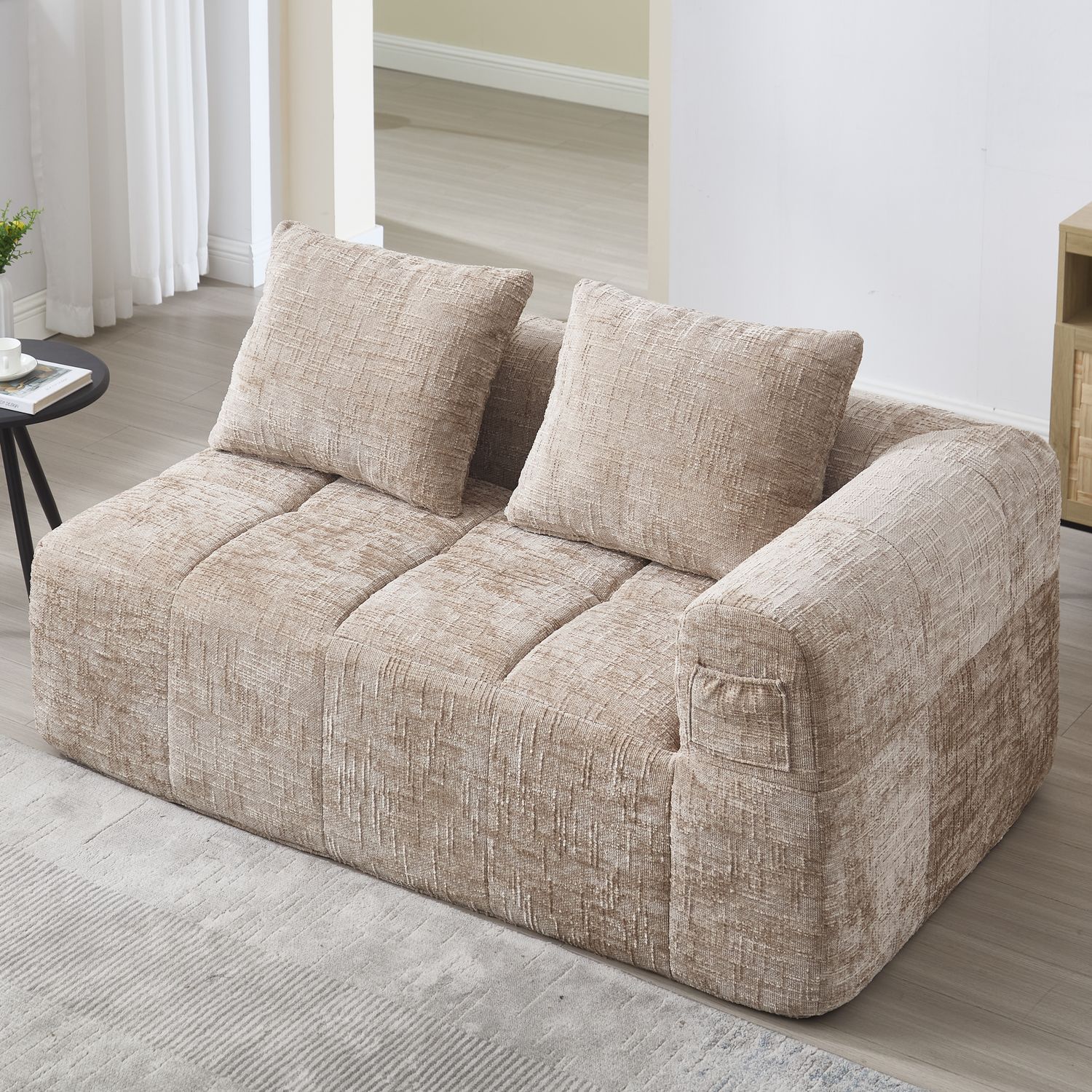 2-Sitzer Sofa ohne Montage, mit Kissen & Seitentaschen, 158x90x60 cm, Khakifarbe Bild 1