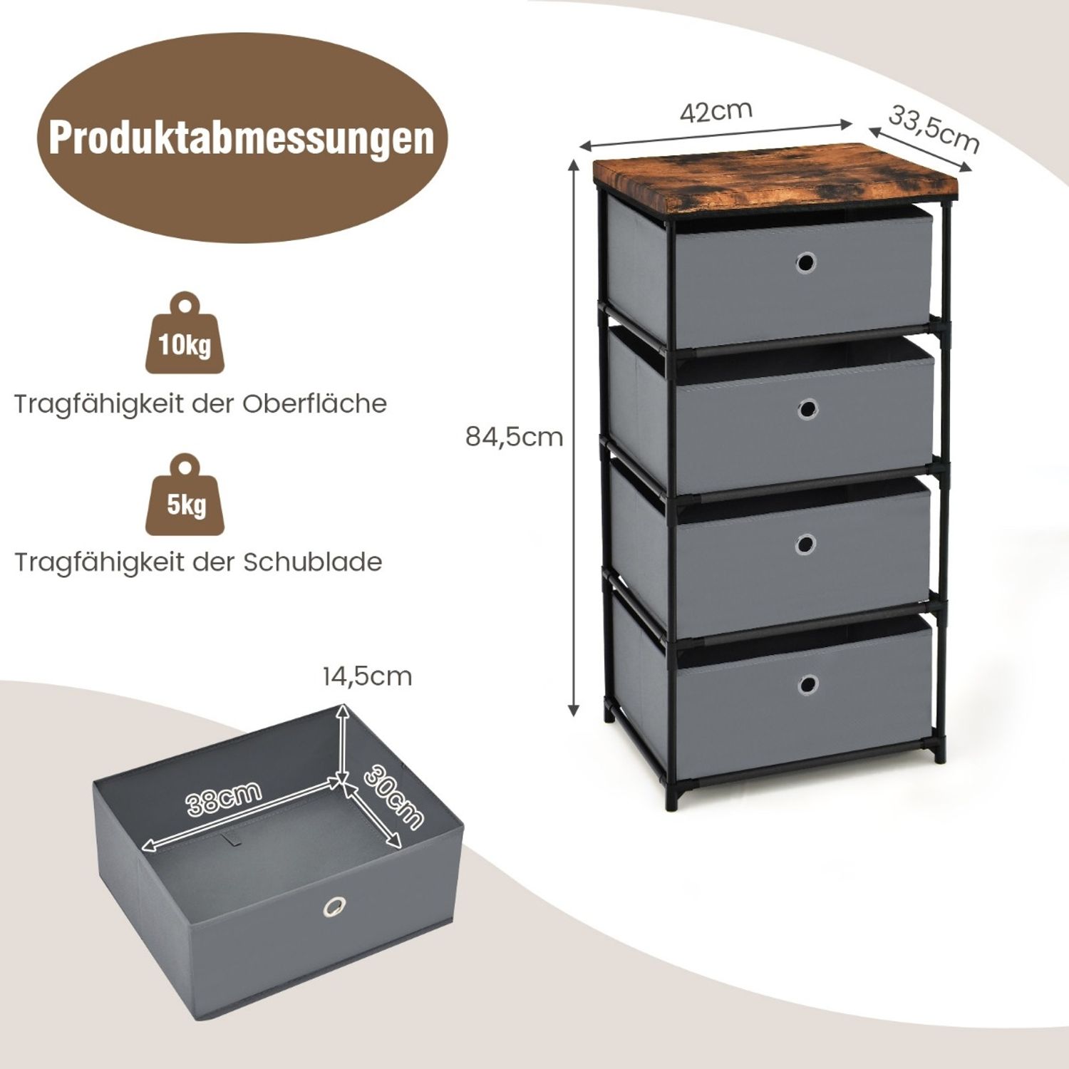 Nachttisch 4 Schubladen Aufbewahrungsschrank Stoffkommode für Schlafzimmer 42 x 33,5 x 84,5 cm Grau Bild 1