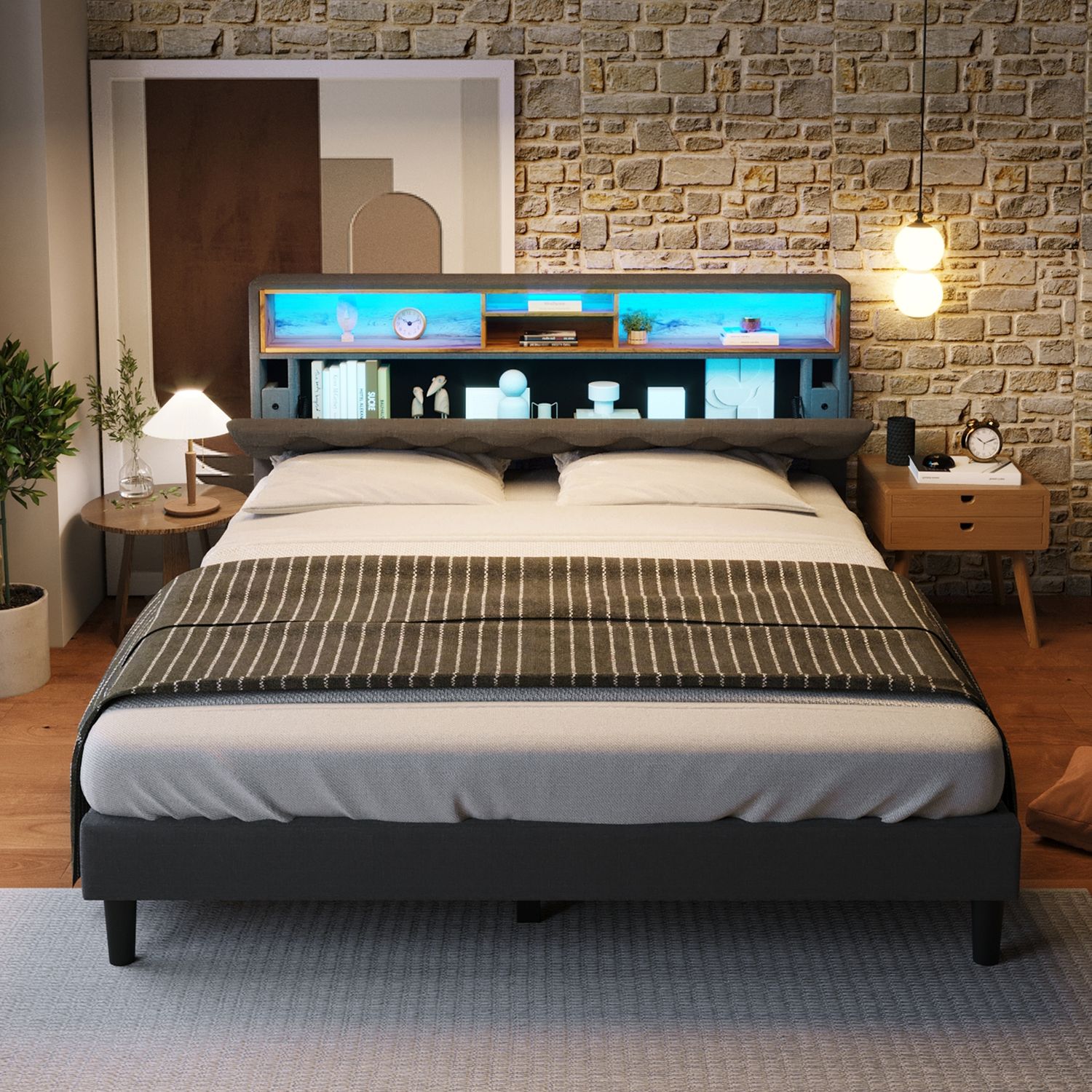 Polsterbett 140×200 cm aus Massivholz mit LED-Beleuchtung und Stauraum-Kopfteil, grau Bild 1