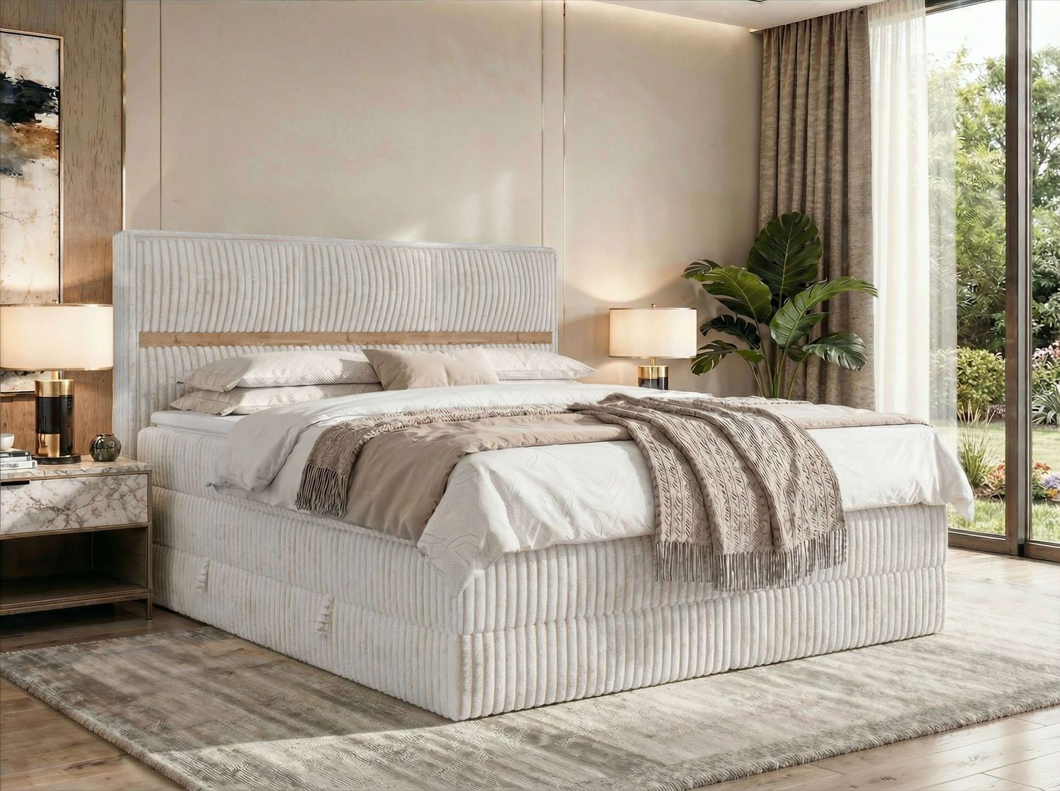 Doppelbett Boxspringbett ORVO KING 160 x 200 cm mit Stauraum, Multipocket-Matratze und Pocket 7 Härtezonen, H3, zwei Bettkästen - Topper T25 - Beige Cord Bild 1