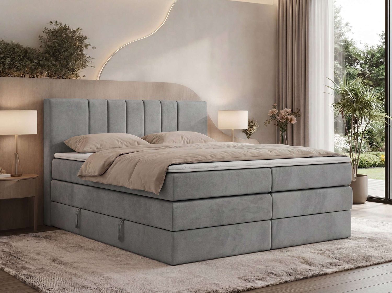 Boxspringbett INERO KING, 7 -Zonen-Multipocket-Matratze H4 und Topper T25, zwei Bettkästen, Doppelbett, Stauraum - 160x200 - Hellgrau Velvet Bild 1