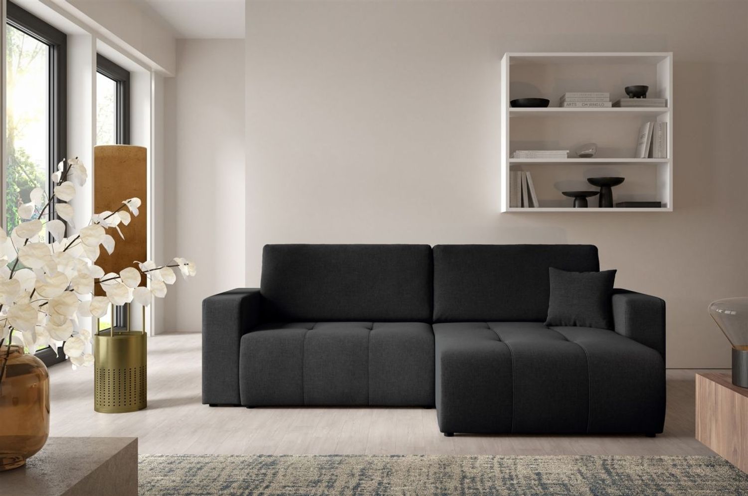 Ecksofa Sofa mit Schlaffunktion AUGUSTO in Stoff Wind Schwarz Ottomane Rechts Bild 1