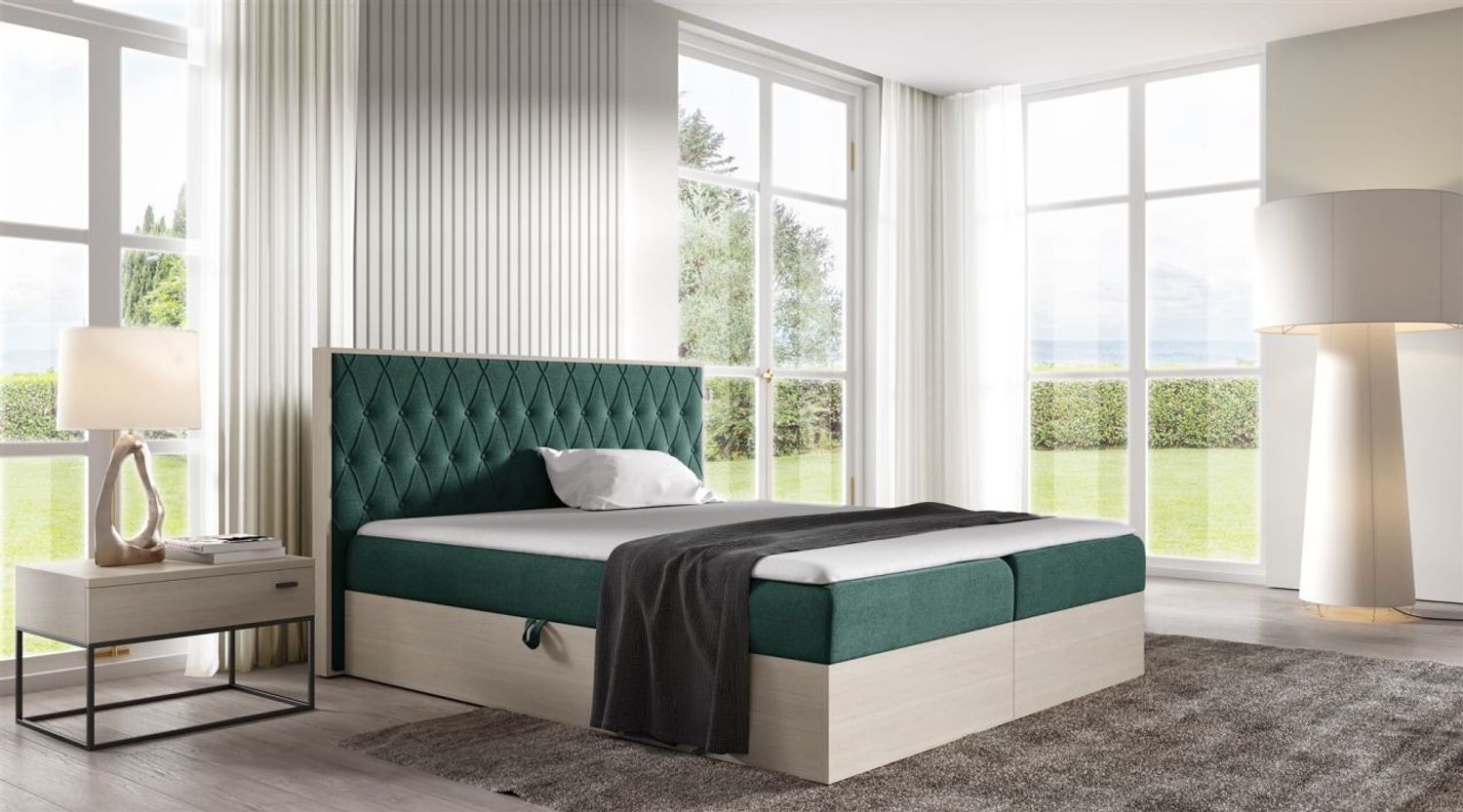 Boxspringbett Bett BROMIA 140x200 cm Nordic Teak Stoff Grün inkl. Bettkasten Bild 1