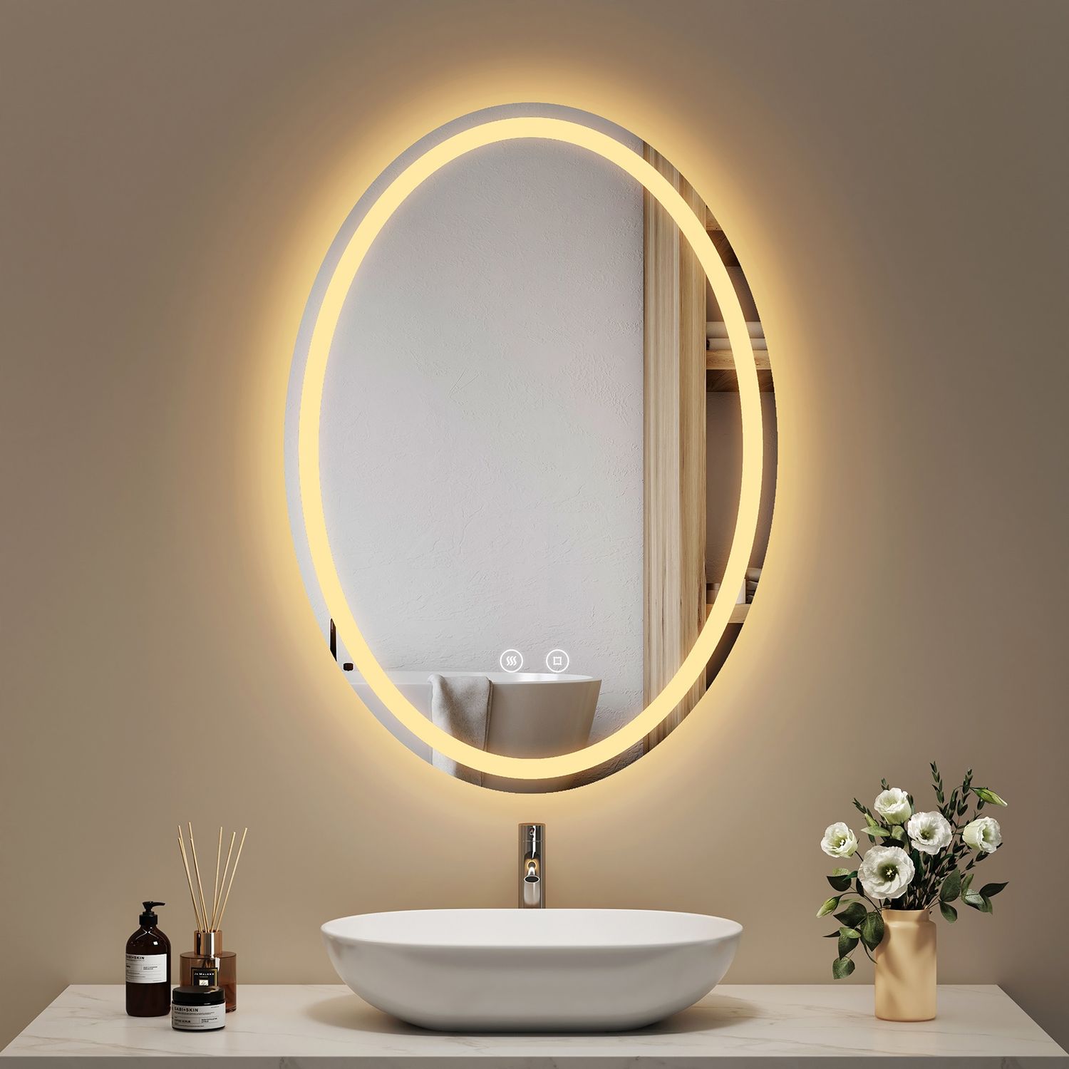 EMKE Badspiegel Mit Beleuchtung Elliptisch Wandspiegel Touch Beschlagfrei 3 Lichtfarbe Dimmbar Oval Badezimmerspiegel 60×80cm Bild 1