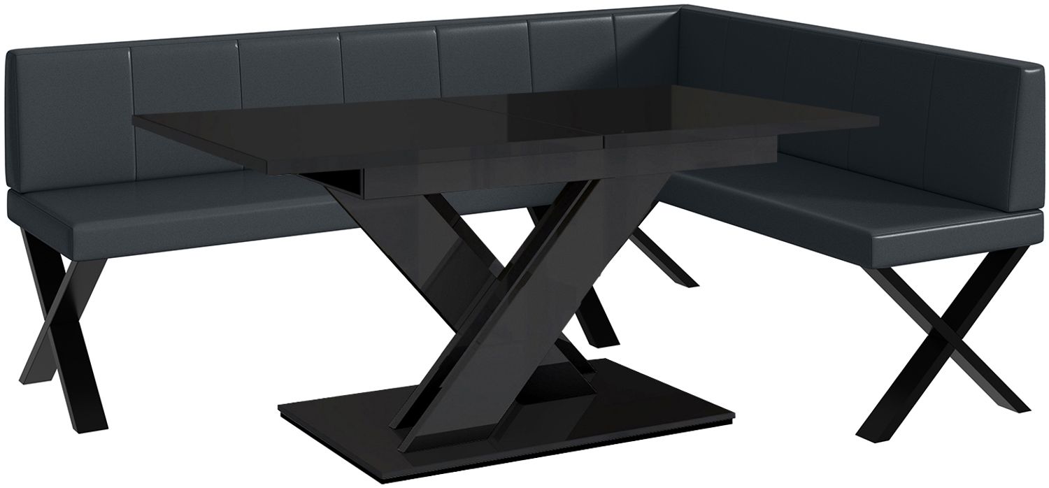 MEBLINI Eckbank für Esszimmer mit ausziehbarem Tisch - Küchenbank - Essecke - Sitzecke Küche - PETER - X-Beine 142x196x87cm Rechts - Dunkelgrau Kunstleder/B Schwarz Hochgl. Bild 1