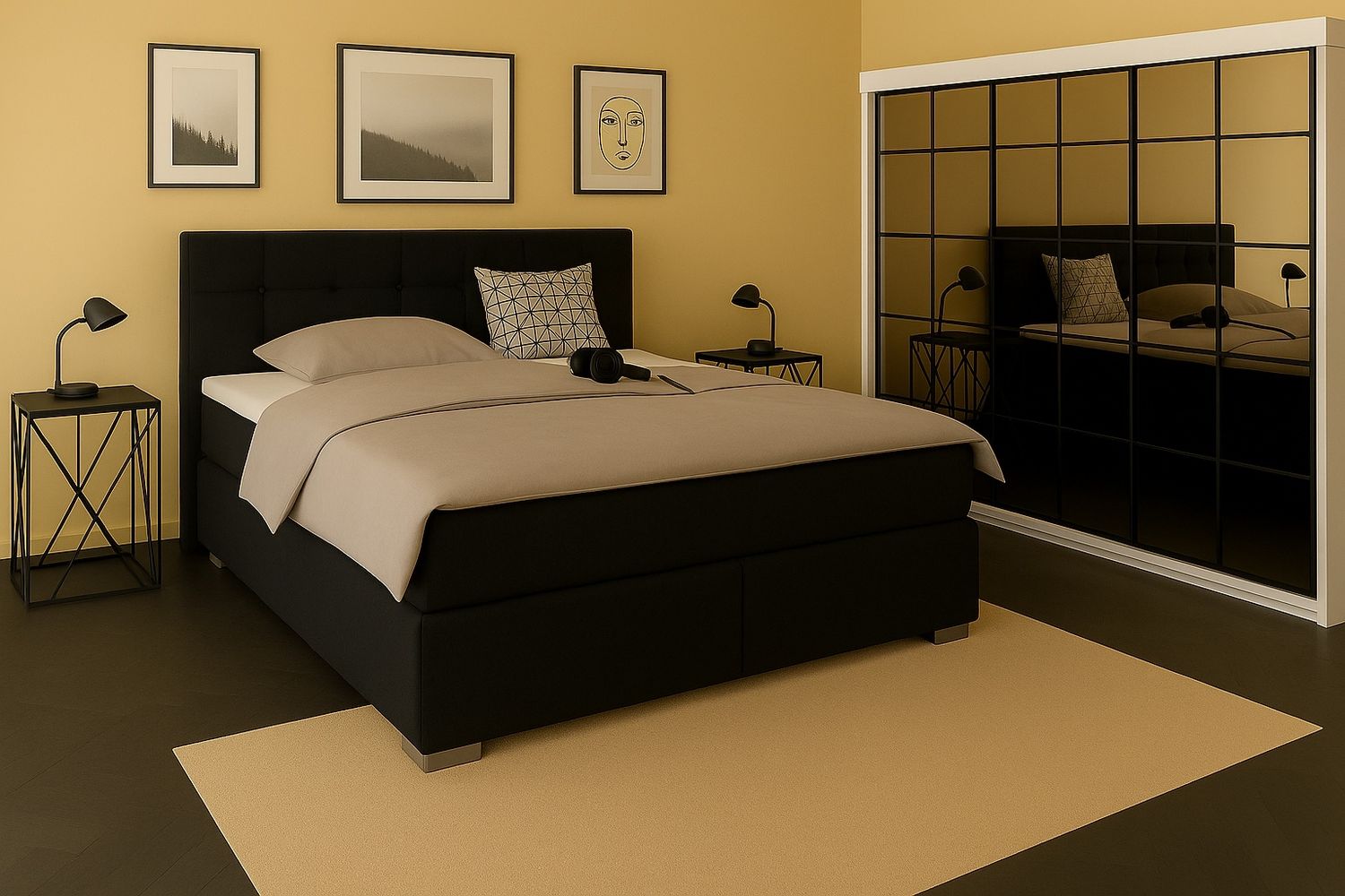 Boxspringbett TOM 200x200 cm mit Matratze und gepolstertem Kopfteil. Farbe Schwarz Bild 1