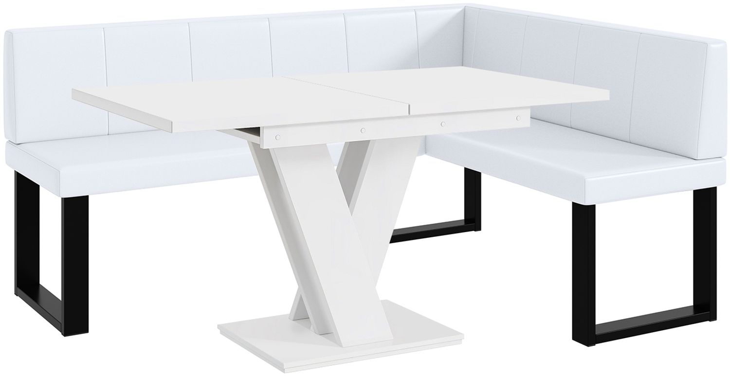 MEBLINI Eckbank für Esszimmer mit ausziehbarem Tisch - Küchenbank - Essecke - Sitzecke Küche - PETER - U-Beine 128x168x87cm Rechts - Weiß Kunstleder/M Weiß Matt Bild 1