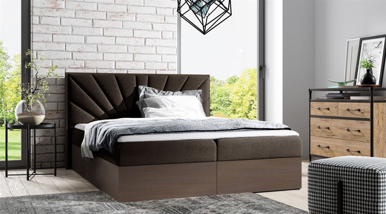 Boxspringbett Bett DAIMON 180x200 cm Dunkel Eiche Stoff Braun inkl. Bettkasten Bild 1