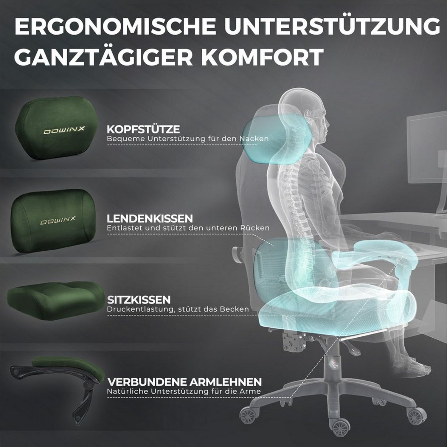 Dowinx Gaming-Stuhl Atmungsaktiver und Ergonomischer Bürostuhl aus Mikrofaser-Velours (Packung), Weiches Sitzgefühl, Verstellbarer Schreibtischstuhl mit Fußstütze Bild 1