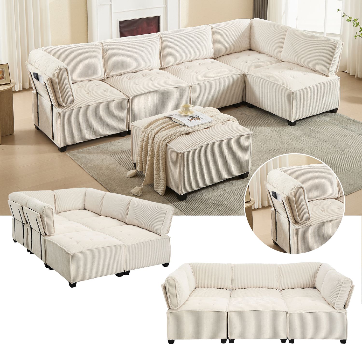 LVHOM Modulares Sofa U Form 308 x 82 x 154 cm, 6-Sitzer mit Schlaffunktion, Modular Cord Ecksofa, umwandelbares Schaumstoffsofa, Sofagarnitur, Beige Bild 1