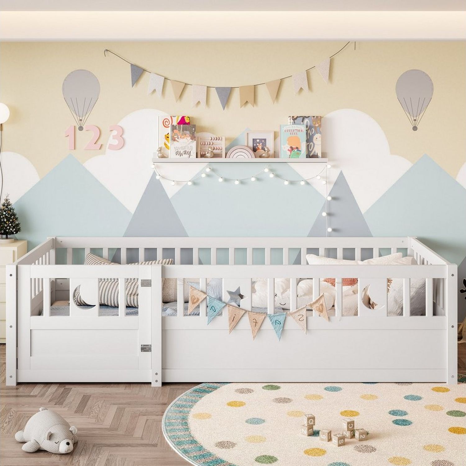 Flieks Kinderbett, Bodenbett Massivholzbett 90x190cm mit Gitter und Lattenrost Bild 1