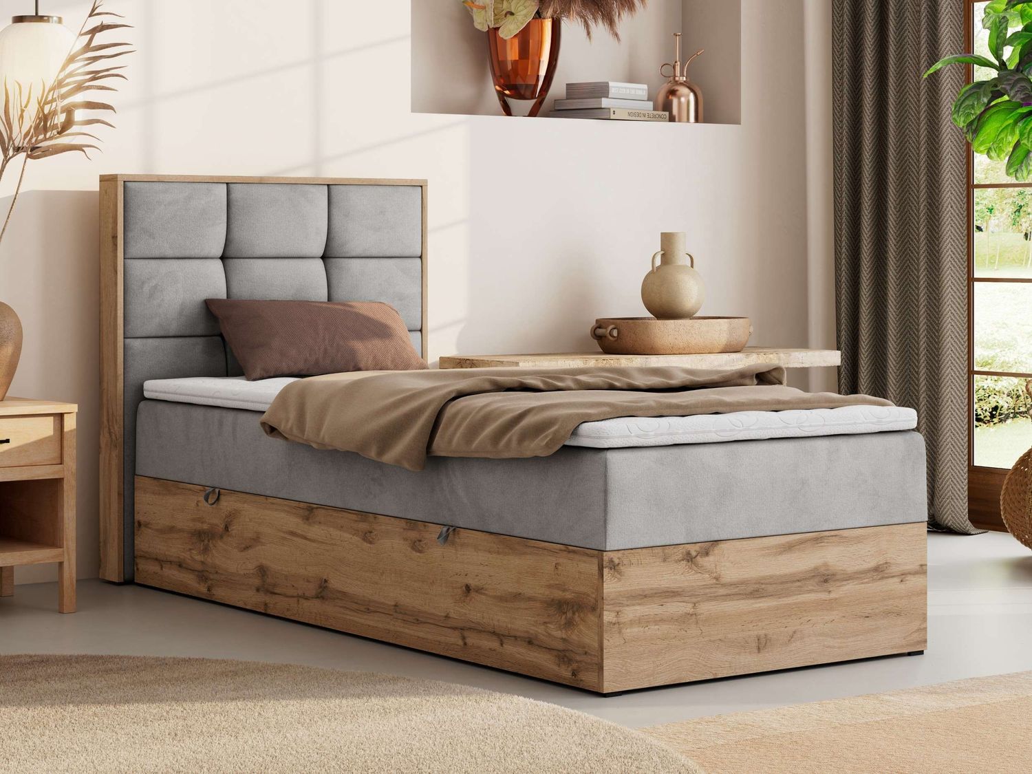 Boxspringbett ALBERO 1 90x200 mit Stauraum, 7-Zonen Multipocket Matratze H4, Bettkasten mit Federautomat, Öffnungsseite wählbar, Hotelbett - Hellgrau Velvet - Topper Visco - Links Bild 1