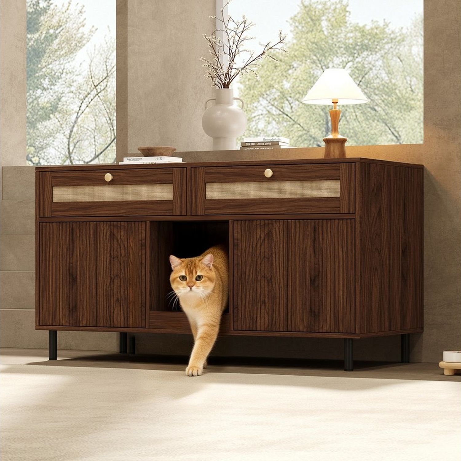 Flieks Mehrzweckschrank Katzentoilettenschrank mit Katzenstreufangmatte und Rattan-Schubladen (1-St, 120x50x65 cm) Katzenstreuwanne-Schrank Tierhaus Sideboard Walnussholzfarbe Bild 1