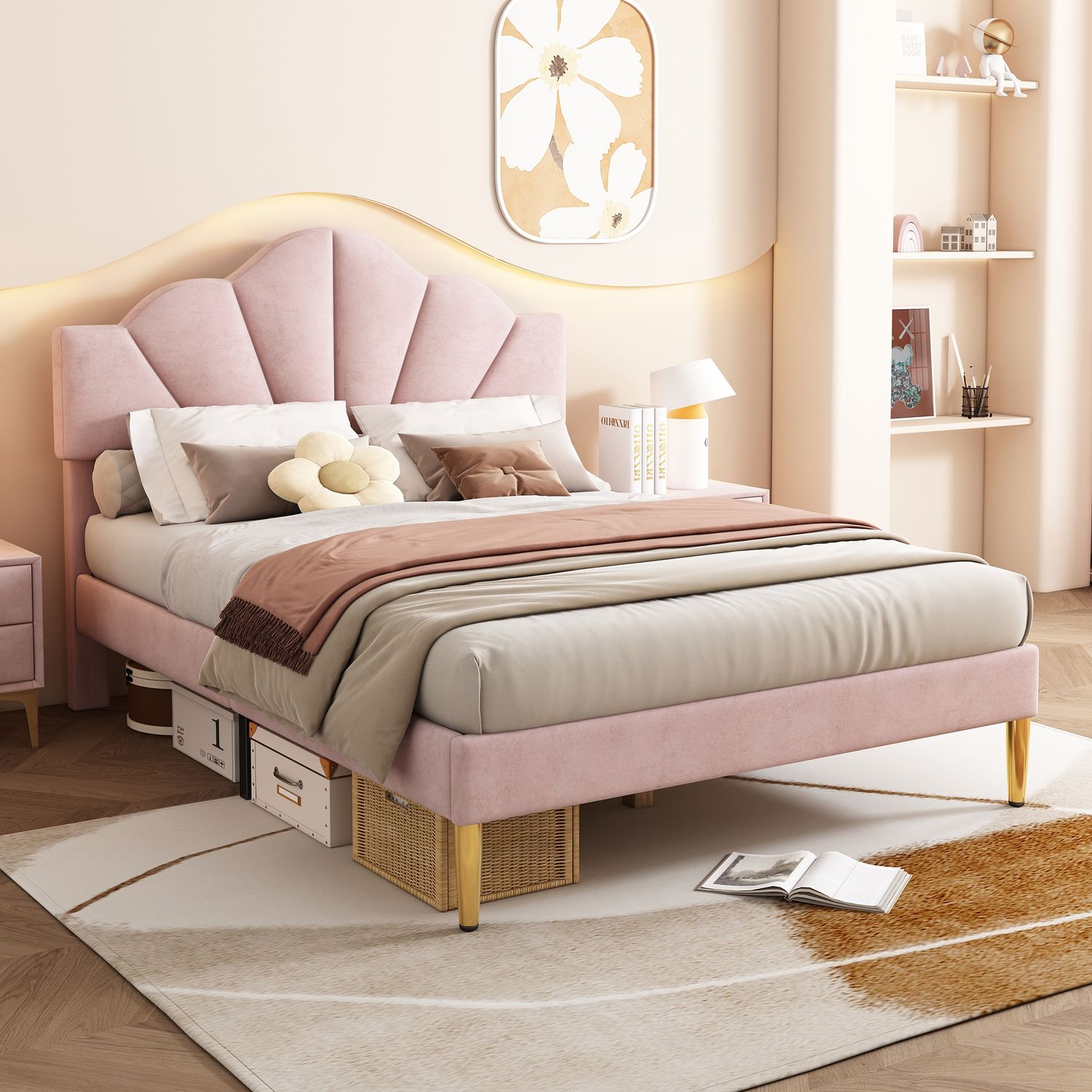 Polsterbett 140x190 Samt,mit verstellbarer Kopfplatte & goldenen Füßen, Rosa Elegantes Design, bis 300kg, Stauraum Bild 1
