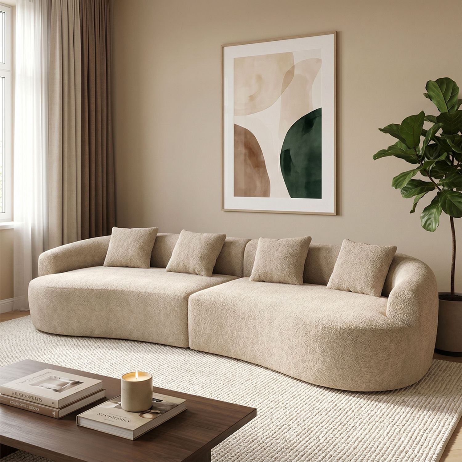 skølm 'Loki' Sofa 4 Sitzer, Vollschaumcouch mit Federkern und Vakuum-Kompression, kein Aufbau erforderlich, mit 4 Kissen, Teddy-Bouclé-Stoff in beige Bild 1