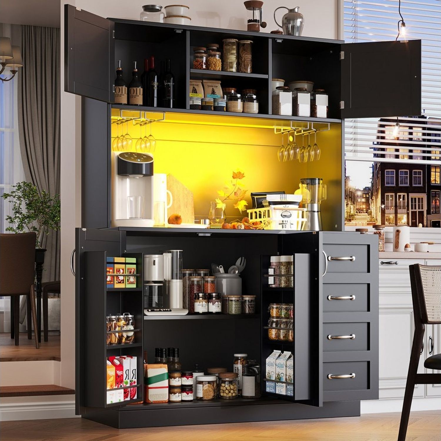 Flieks Küchenbuffet mit LED-Beleuchtung, Gläserhalter, Schubladen und Türablagen (1-St, B120/T40/H188 cm) Hochschrank Küchenschrank Geschirrschrank mit Arbeitsplatte Schwarz Bild 1