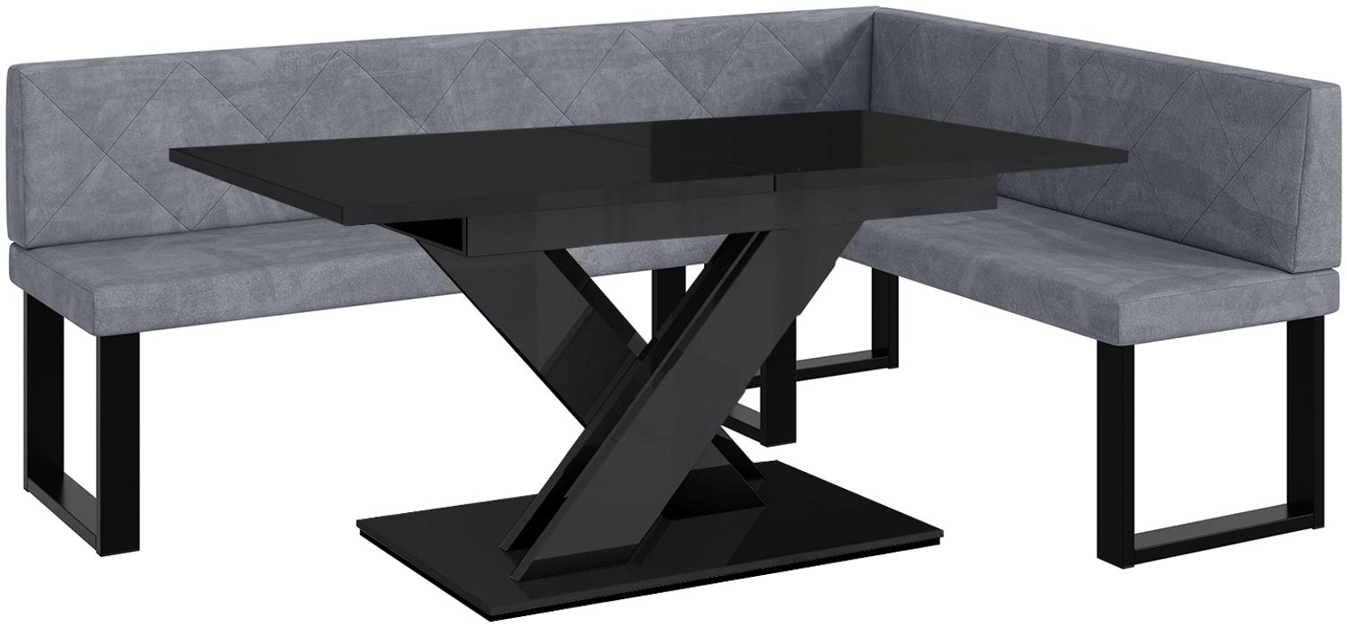 MEBLINI Eckbank für Esszimmer mit ausziehbarem Tisch - Küchenbank - Essecke - Sitzecke Küche - ERIC - U-Beine 142x196x87cm Rechts - Grau Samt/B Schwarz Hochgl. Bild 1