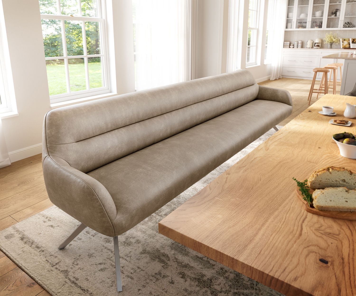 Esszimmerbank Taya-Flex 300 cm Mikrofaser Beige Vintage Kreuzgestell kantig Edelstahl Taschenfederkern Bild 1