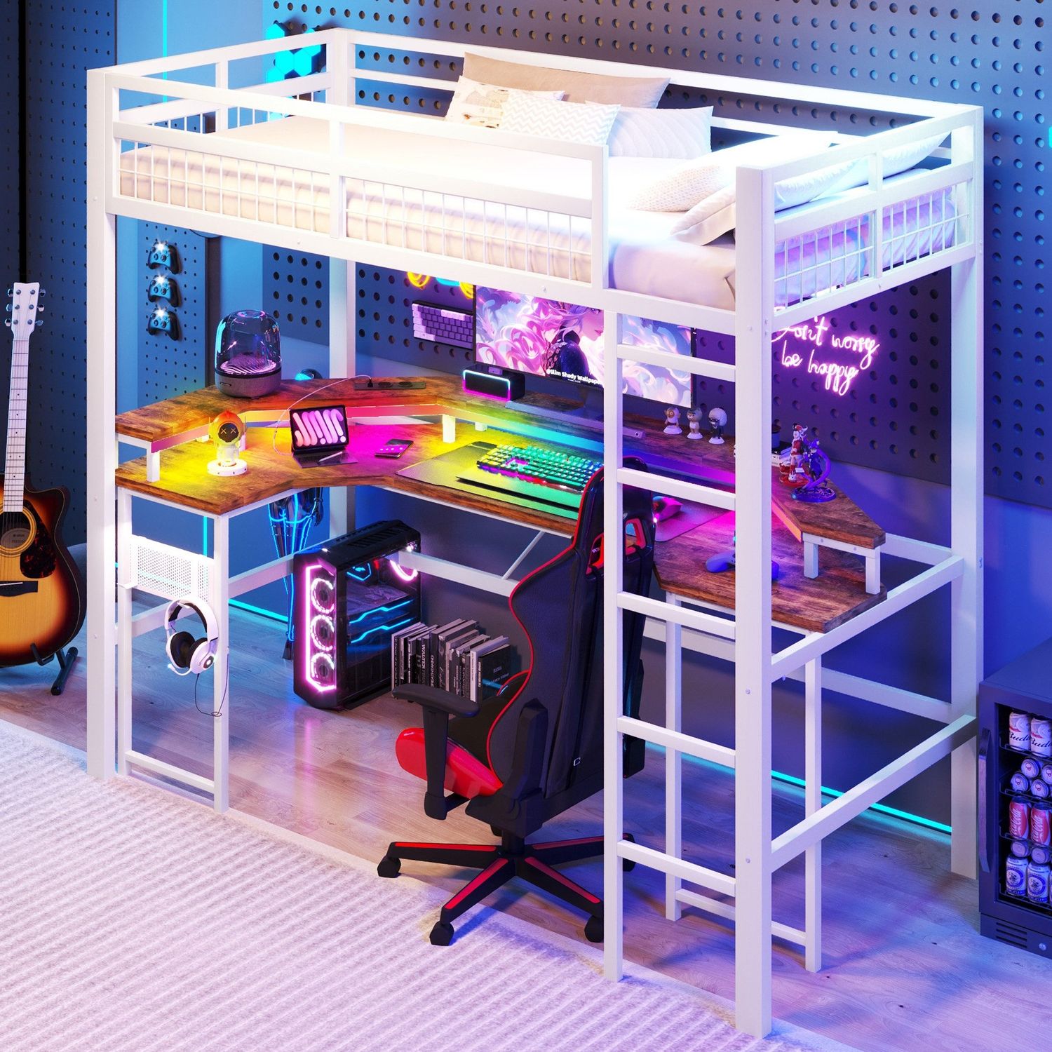 Hochbett mit RGB LED-Streifen, Schreibtisch, Monitorständer, Lattenrost, Rausfallschutz, Steckdosen, USB, Type-C, 90x200cm, Metallbett, Kinderbett Bild 1