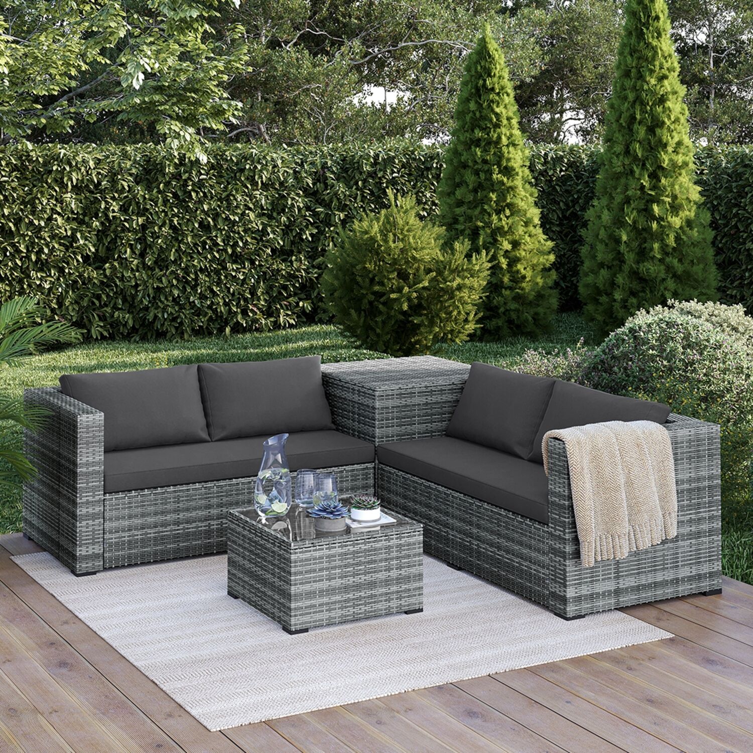 STEELSØN 'Veloria' Polyrattan 4-tlg. Gartenlounge mit Tisch und Aufbewahrungsbox, grau-meliert/anthrazit, wetterfest, für 4 Personen Bild 1