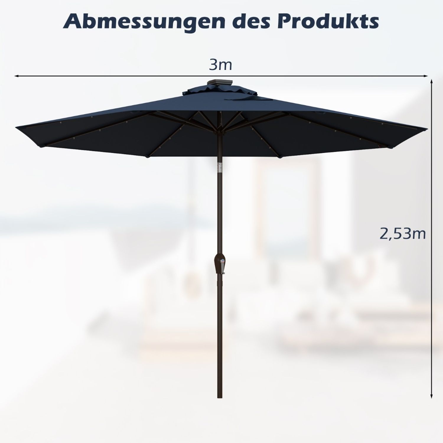 LED Beleuchtung Ampelschirm Rund Sonnenschirm Solarbetrieben Gartenschirm Kurbel Dunkelblau Bild 1