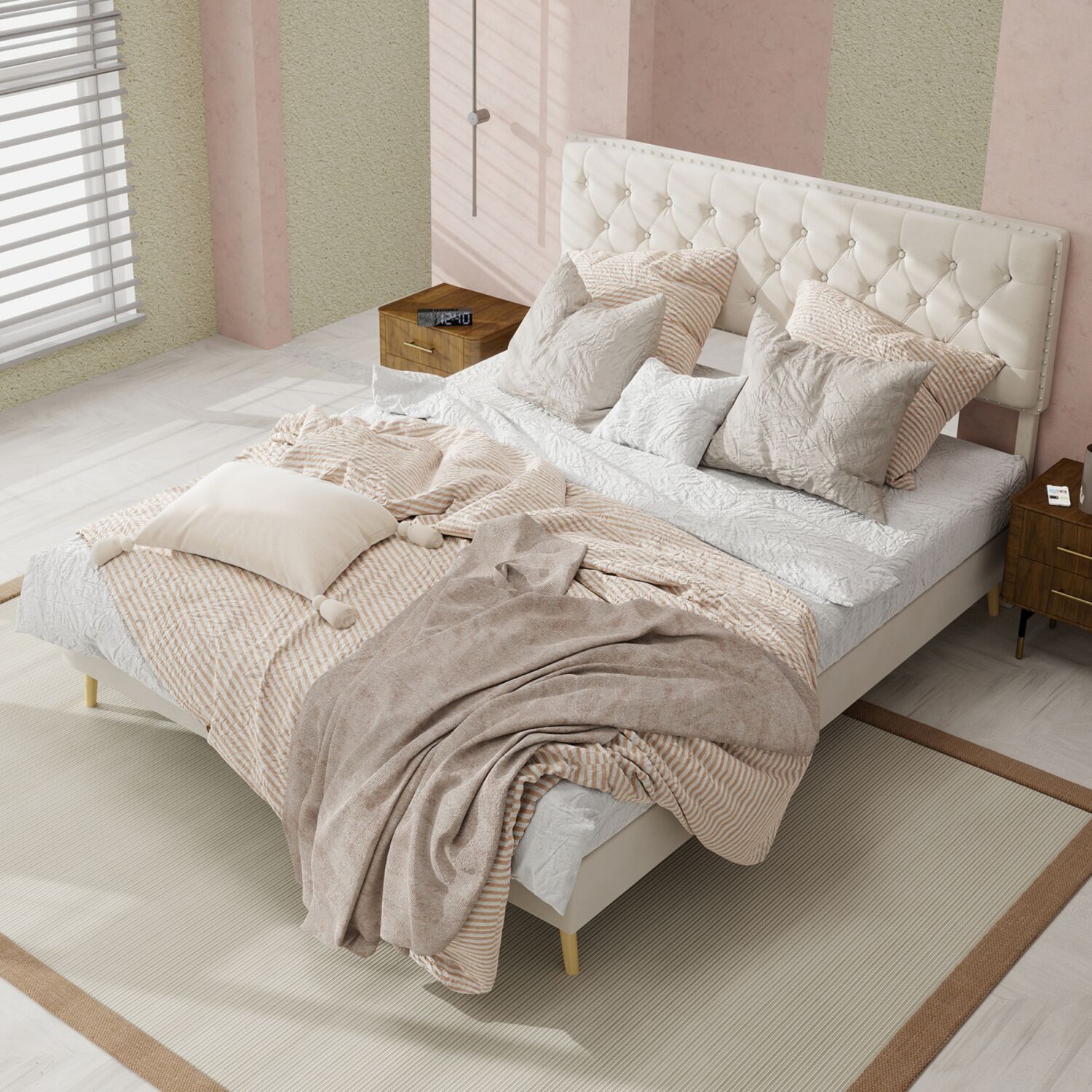 Flieks Polsterbett 140x200cm, Doppelbett mit Nietendesign Kopfteil, Samt, Beige Bild 1