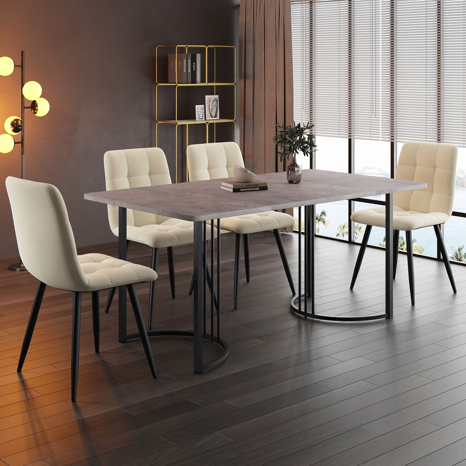 Essgruppe 5-tlg, Tisch marmorgrau/schwarz 140x80 cm, 4 Samtstühle beige Bild 1