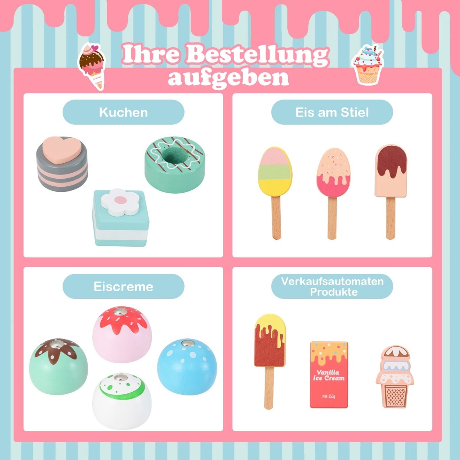 Eiswagen Kinder mit Eiscreme Spielzeug Kaufladen Holz mit Eismaschine Rosa Bild 1