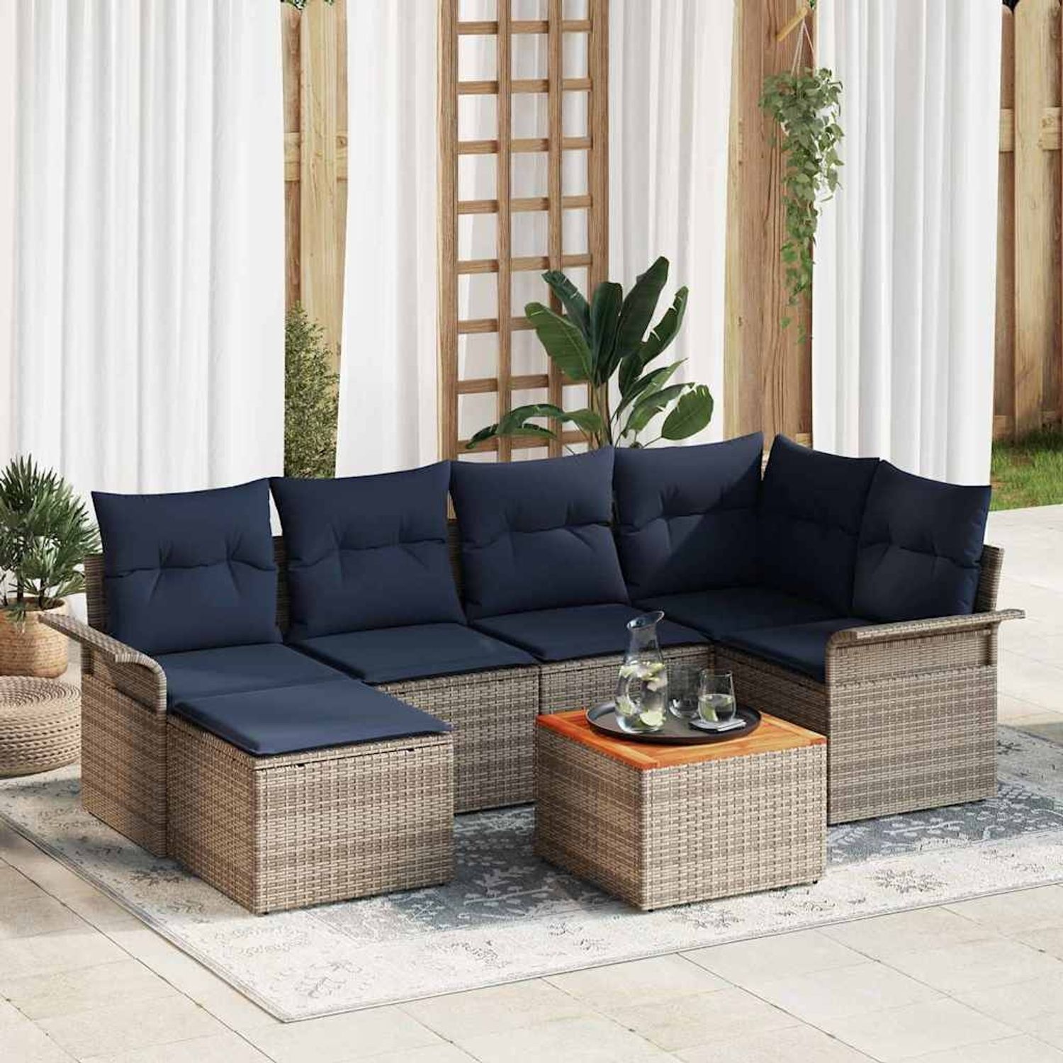 vidaXL Gartensofa-set 7 pcs Grau und Marineblau Poly-Rattan 3356022 Bild 1