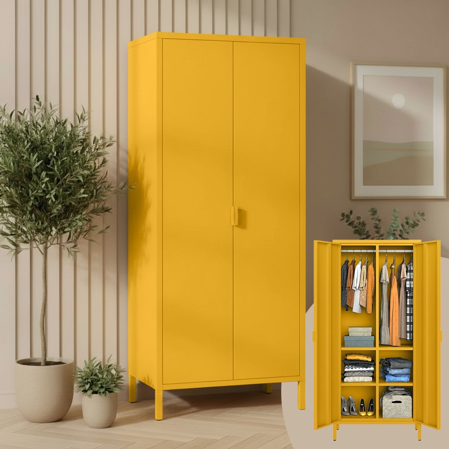 skølm 'Ituri' Kleiderschrank, Metall, 170x45x80 cm, senfgelb, Garderobe mit 4 Fächern und 2 Kleiderstangen Bild 1