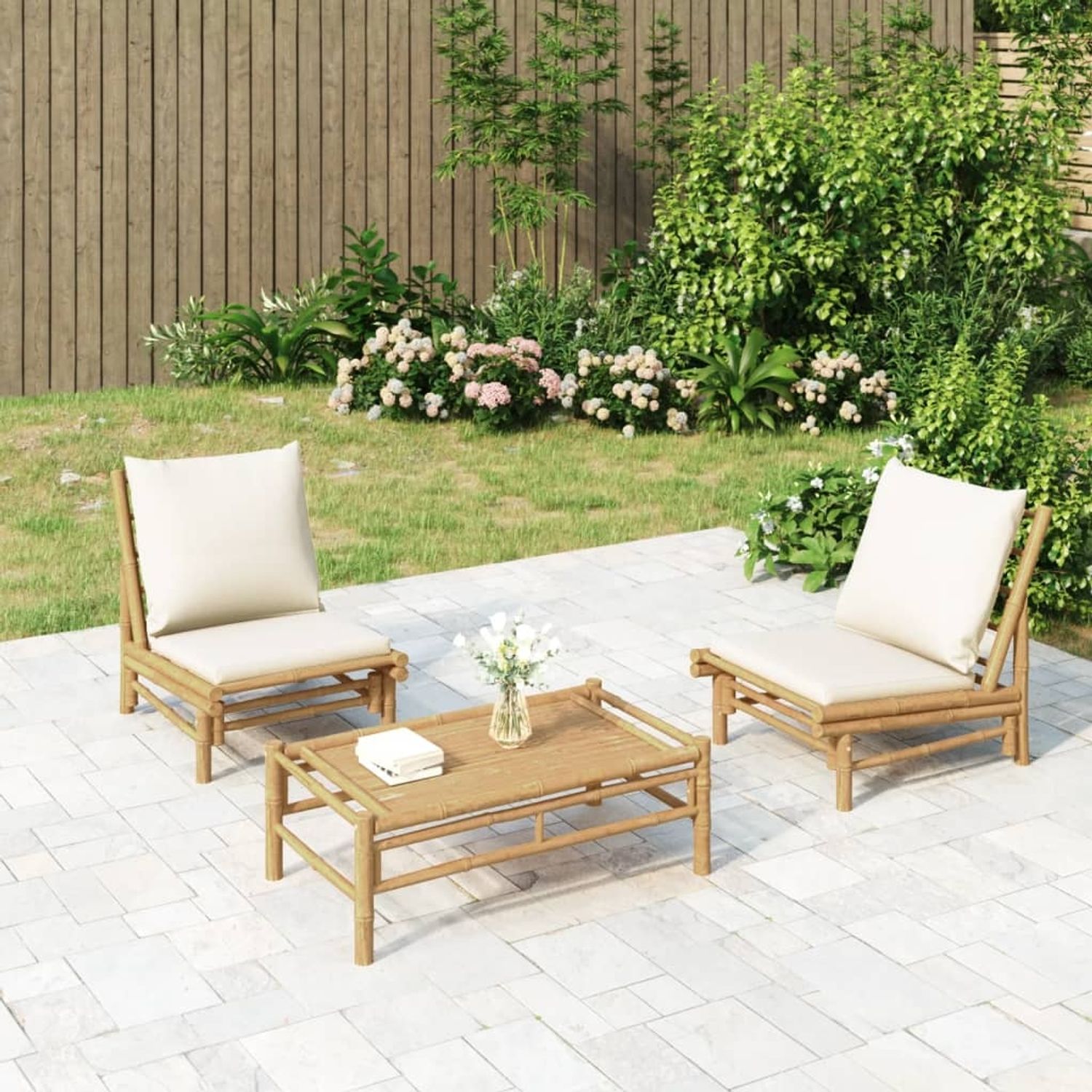 vidaXL 3-tlg. Garten-Lounge-Set mit Kissen Creme Bambus 3156489 Bild 1
