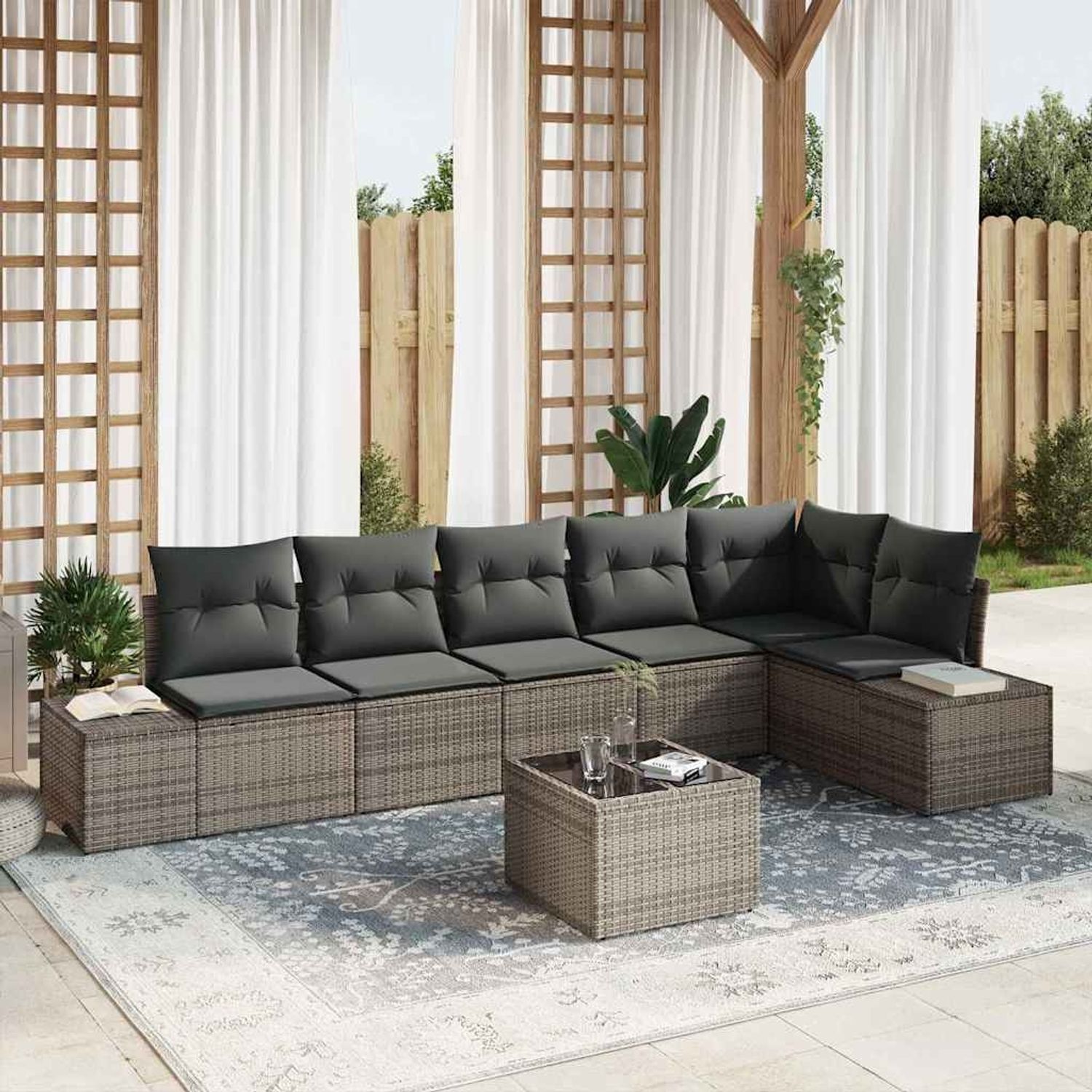 vidaXL Gartensofa-set mit Kissen 7 pcs Grau Poly-Rattan 3347089 Bild 1