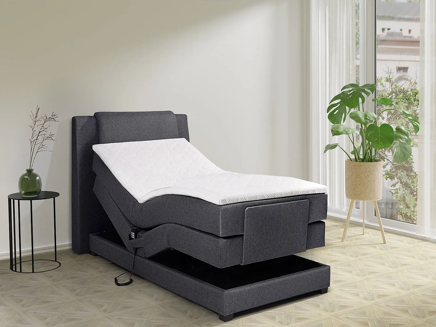 Vente-unique - CASTEL Bett Stoff Grau - B 123 cm x H 125 cm x L 218 cm Bild 1